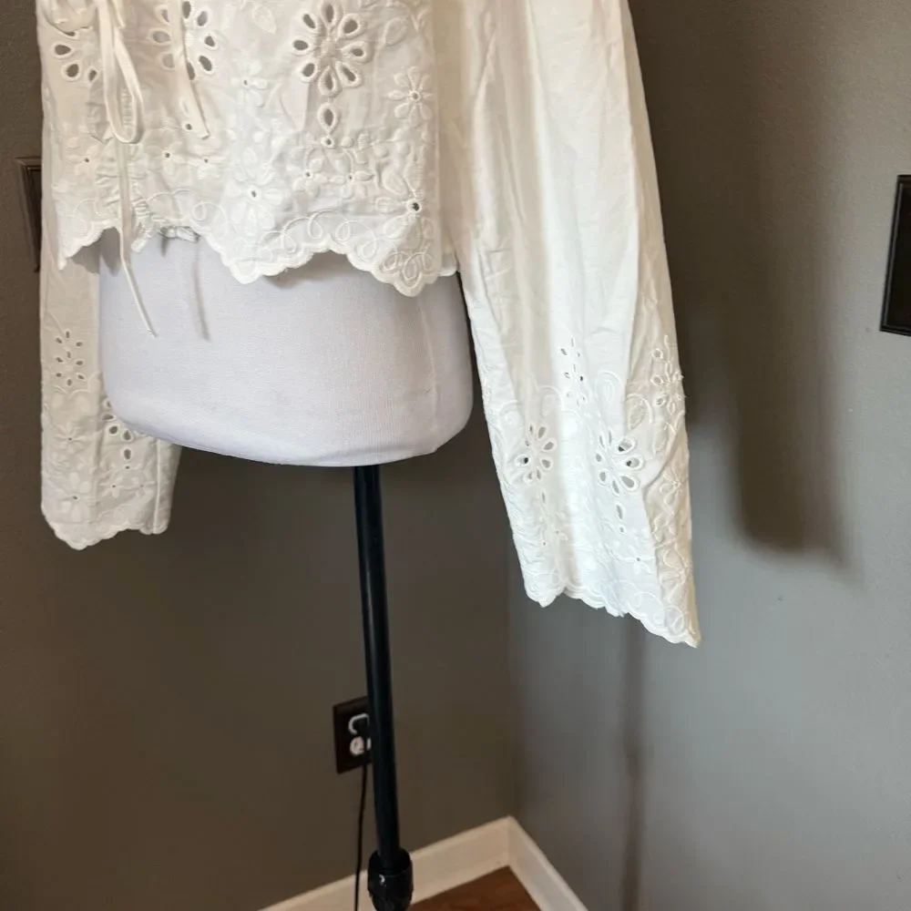 H&M Cream Ruffled Tie Front Blouse with Bib Collar